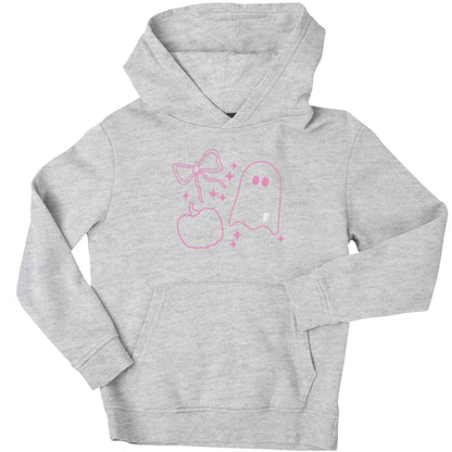 Ghost, bow and pumpkin illustration children's grey hoodie 12-13 Years