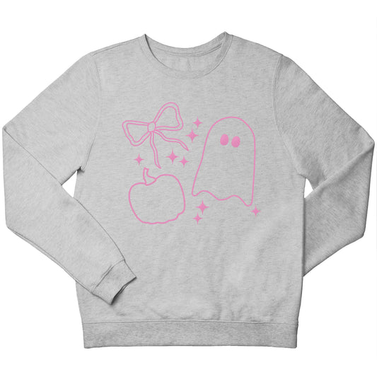 Ghost, bow and pumpkin illustration children's grey sweater 12-13 Years
