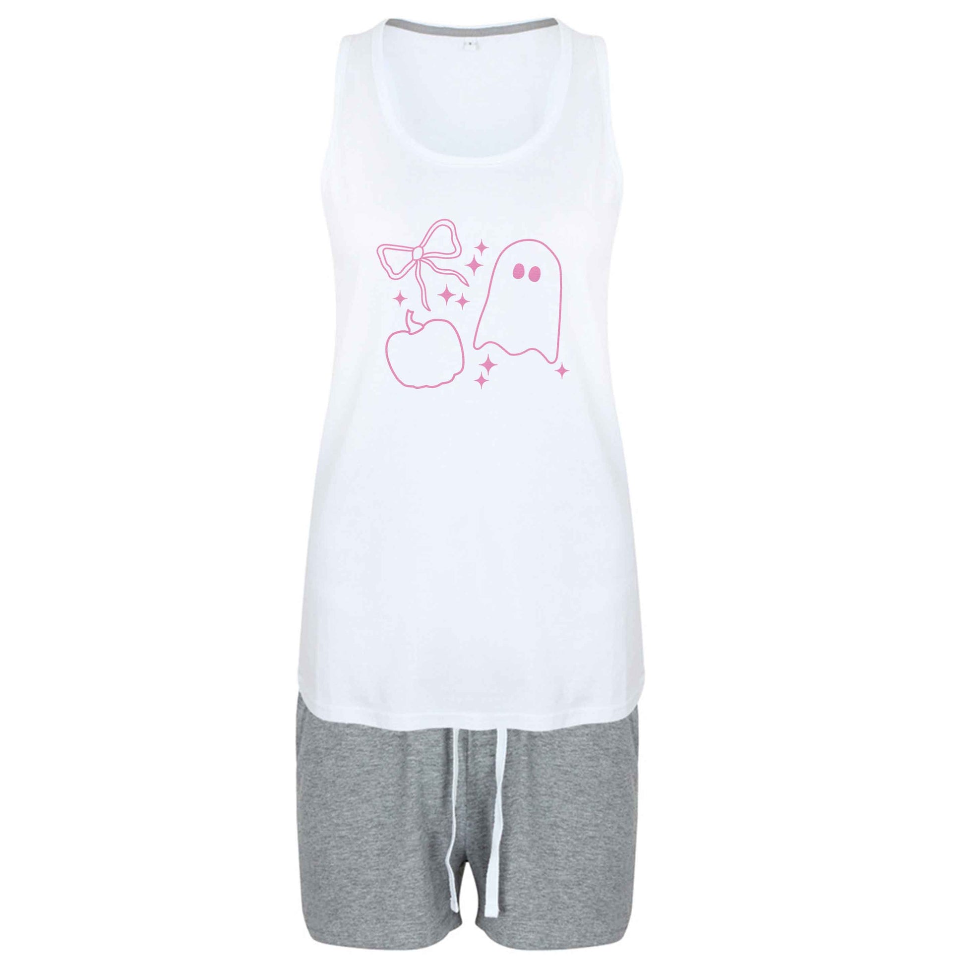 Ghost, bow and pumpkin illustration size XL women's pyjama shorts set in pink 