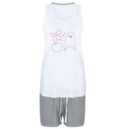 Ghost, bow and pumpkin illustration size XL women's pyjama shorts set in pink 