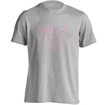 Ghost, bow and pumpkin illustration adults unisex grey Tshirt 2XL