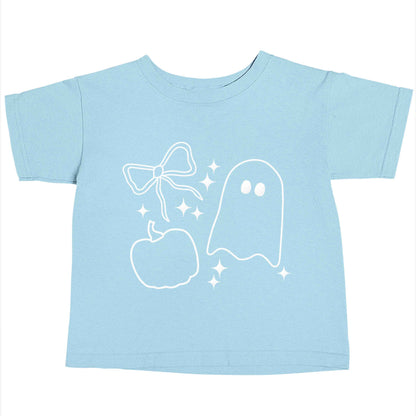 Ghost, bow and pumpkin illustration Children's light blue Tshirt 12-13 Years