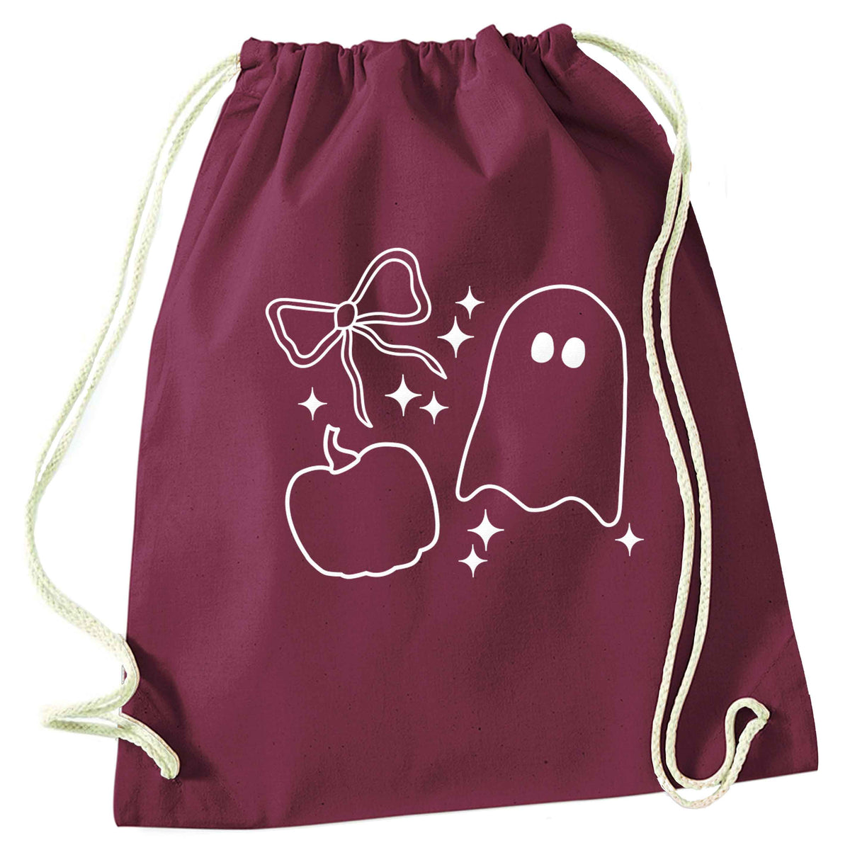 Ghost, bow and pumpkin illustration maroon drawstring bag