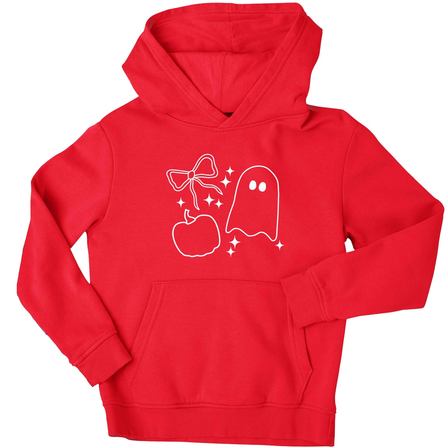 Ghost, bow and pumpkin illustration children's red hoodie 12-13 Years