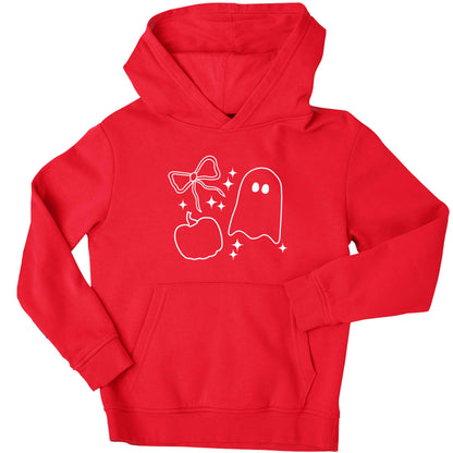Ghost, bow and pumpkin illustration children's red hoodie 12-13 Years