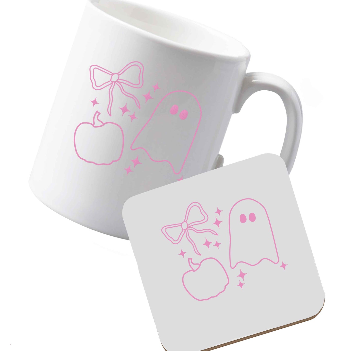 10 oz Ceramic mug and coaster Ghost, bow and pumpkin illustration left sided