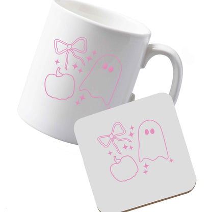 10 oz Ceramic mug and coaster Ghost, bow and pumpkin illustration left sided