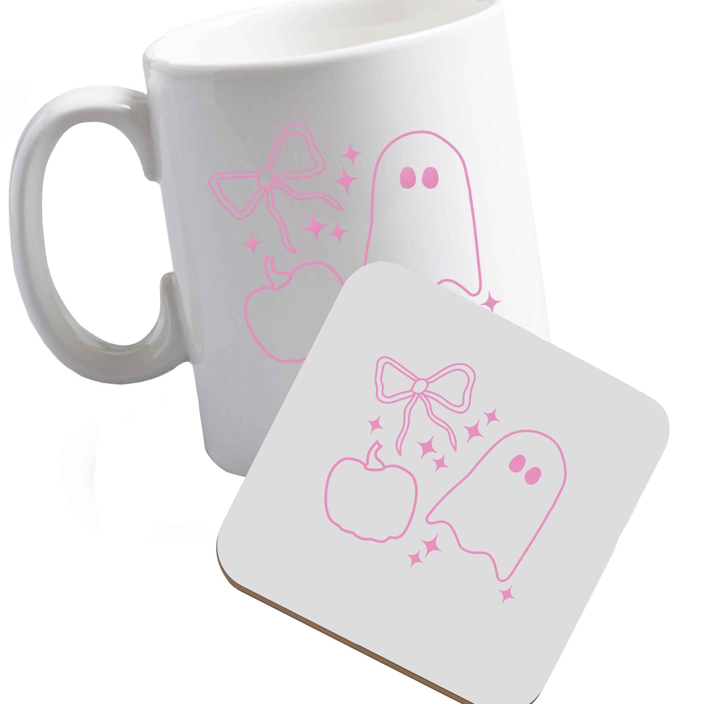 10 oz Ceramic mug and coaster Ghost, bow and pumpkin illustration both sides
