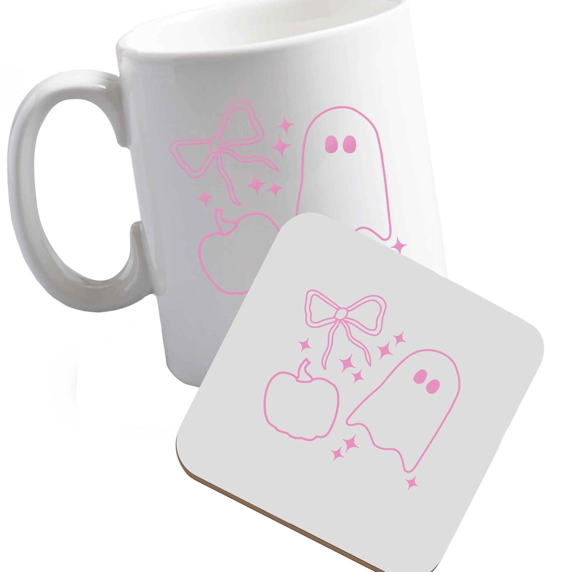 10 oz Ceramic mug and coaster Ghost, bow and pumpkin illustration both sides