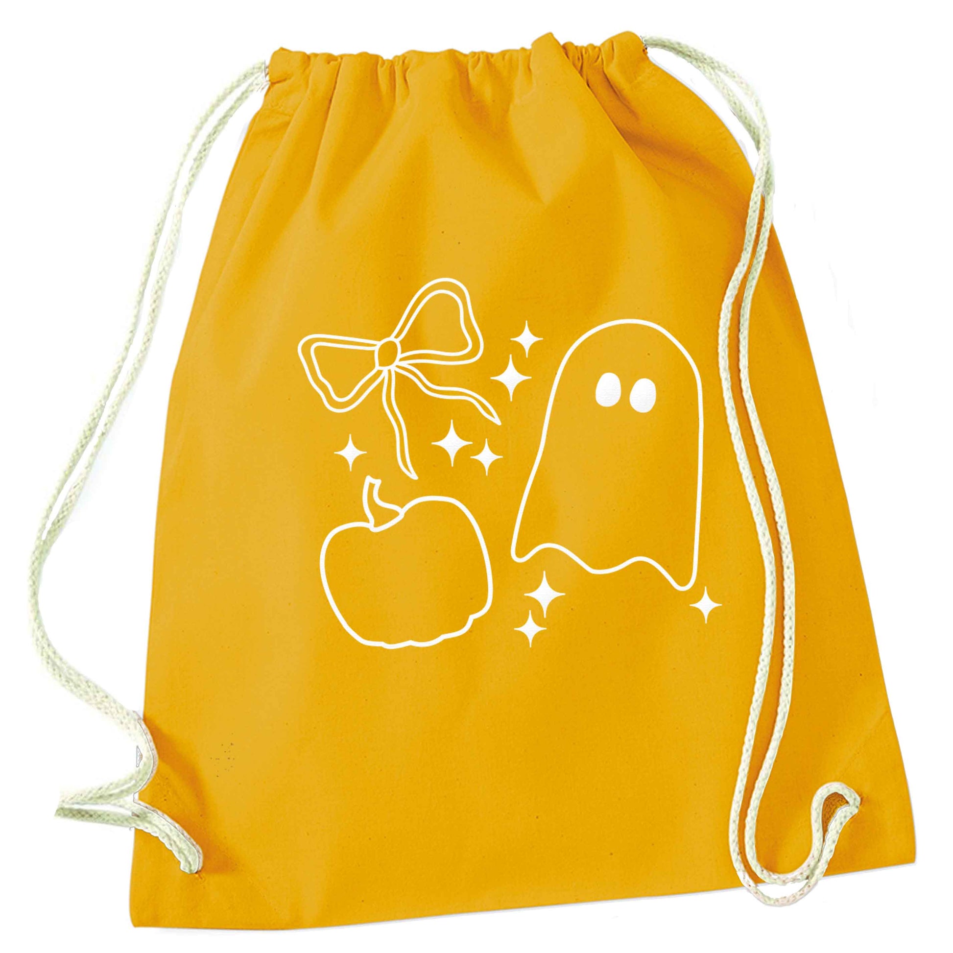 Ghost, bow and pumpkin illustration mustard drawstring bag