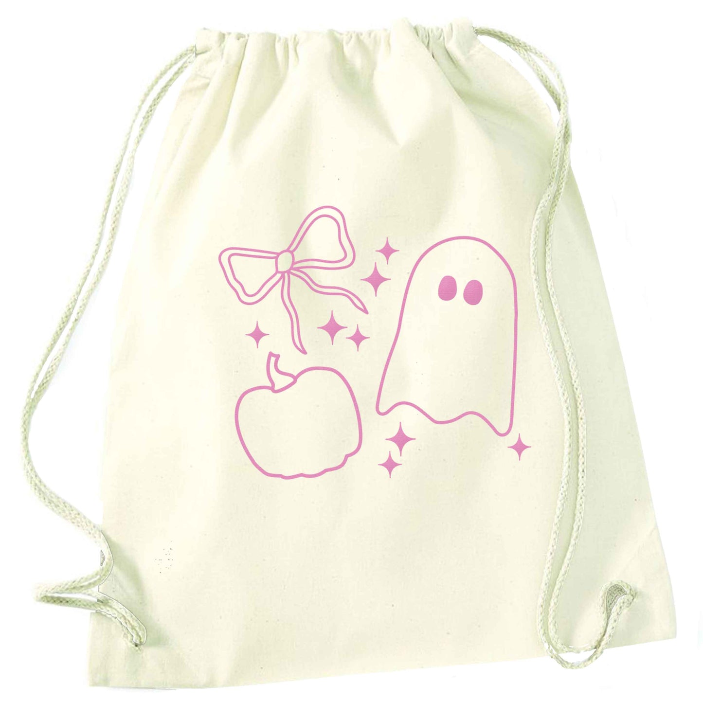 Ghost, bow and pumpkin illustration natural drawstring bag