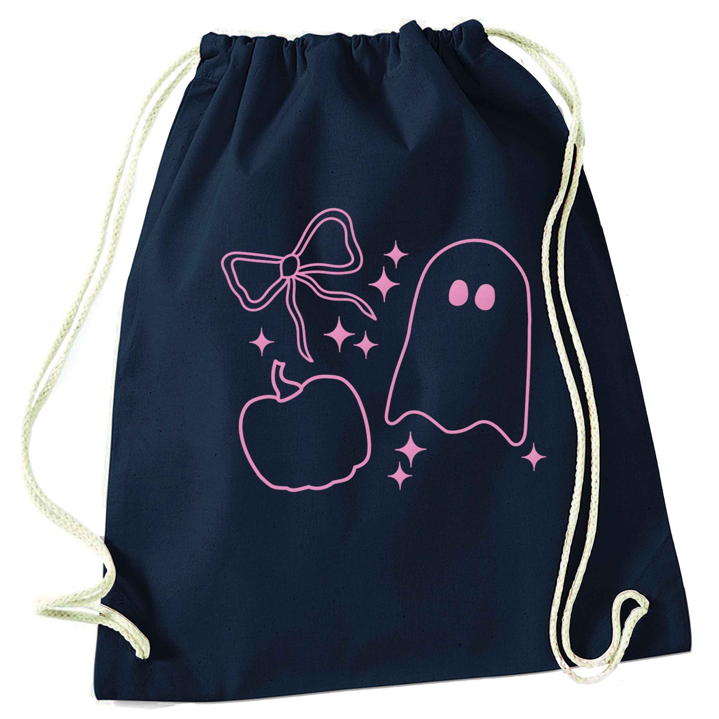 Ghost, bow and pumpkin illustration navy drawstring bag