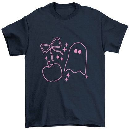 Ghost, bow and pumpkin illustration Children's navy Tshirt 12-13 Years