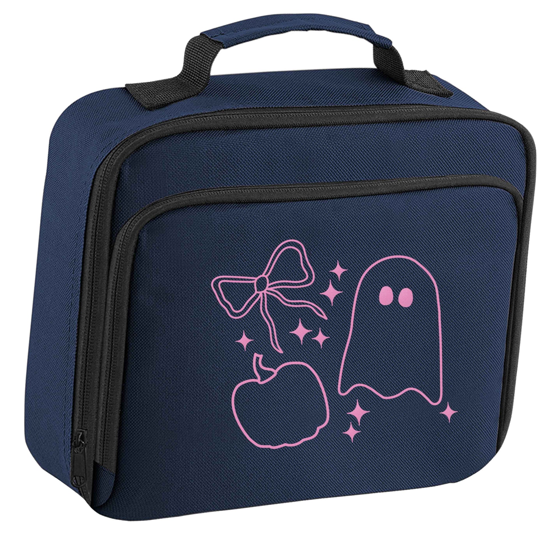 Ghost, bow and pumpkin illustration insulated navy lunch bag cooler