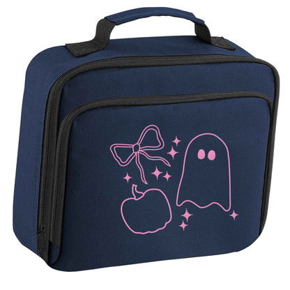 Ghost, bow and pumpkin illustration insulated navy lunch bag cooler