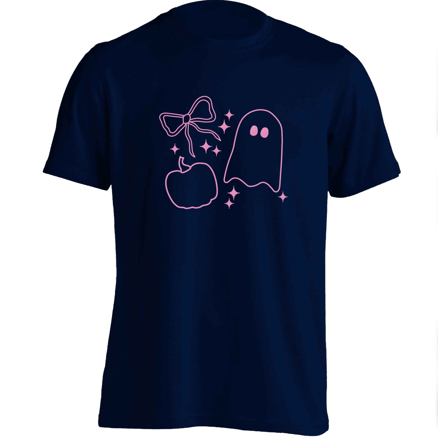 Ghost, bow and pumpkin illustration adults unisex navy Tshirt 2XL