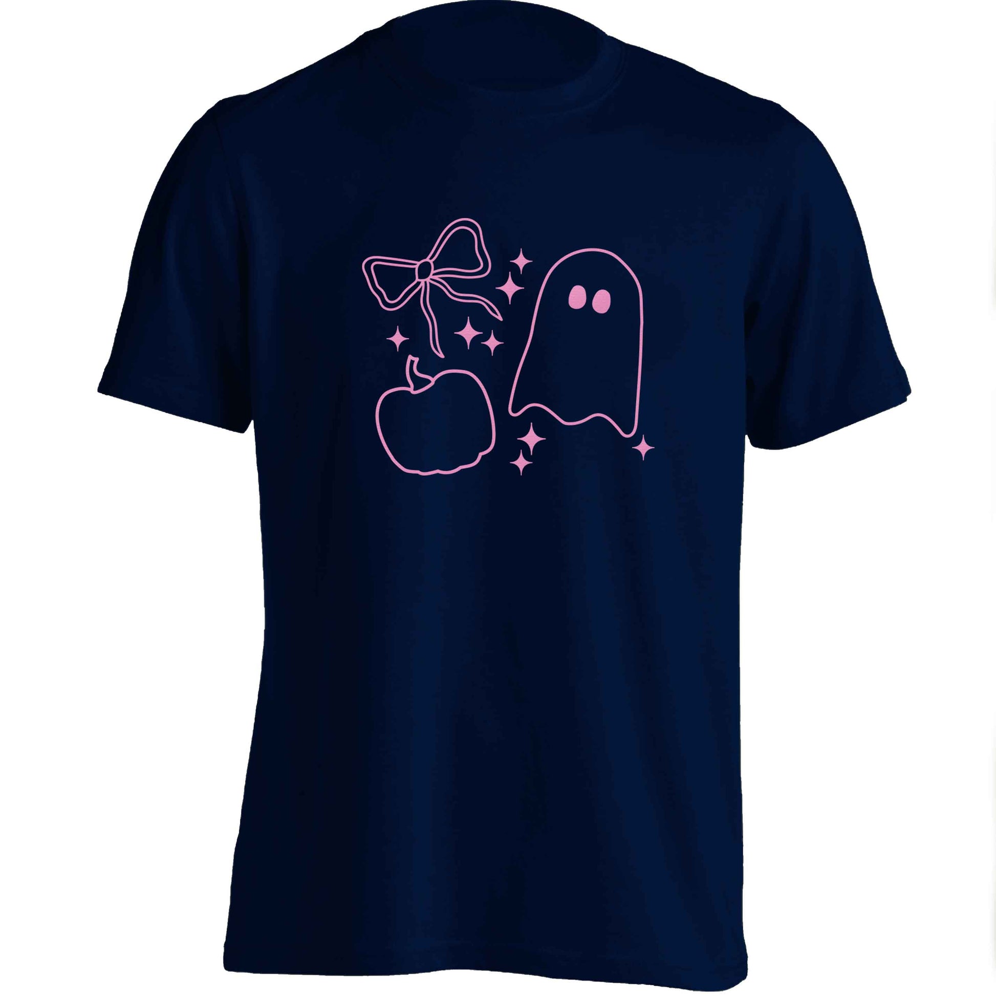 Ghost, bow and pumpkin illustration adults unisex navy Tshirt 2XL