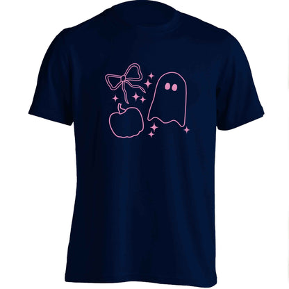 Ghost, bow and pumpkin illustration adults unisex navy Tshirt 2XL