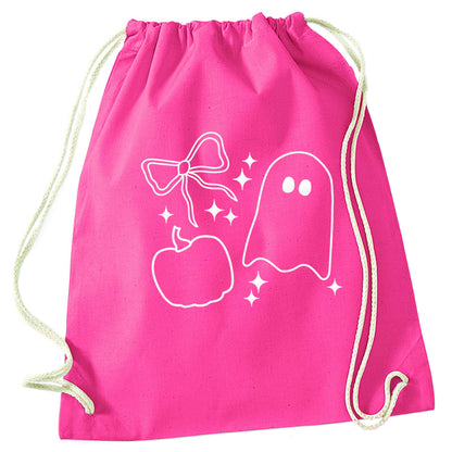 Ghost, bow and pumpkin illustration pink drawstring bag
