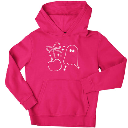 Ghost, bow and pumpkin illustration children's pink hoodie 12-13 Years