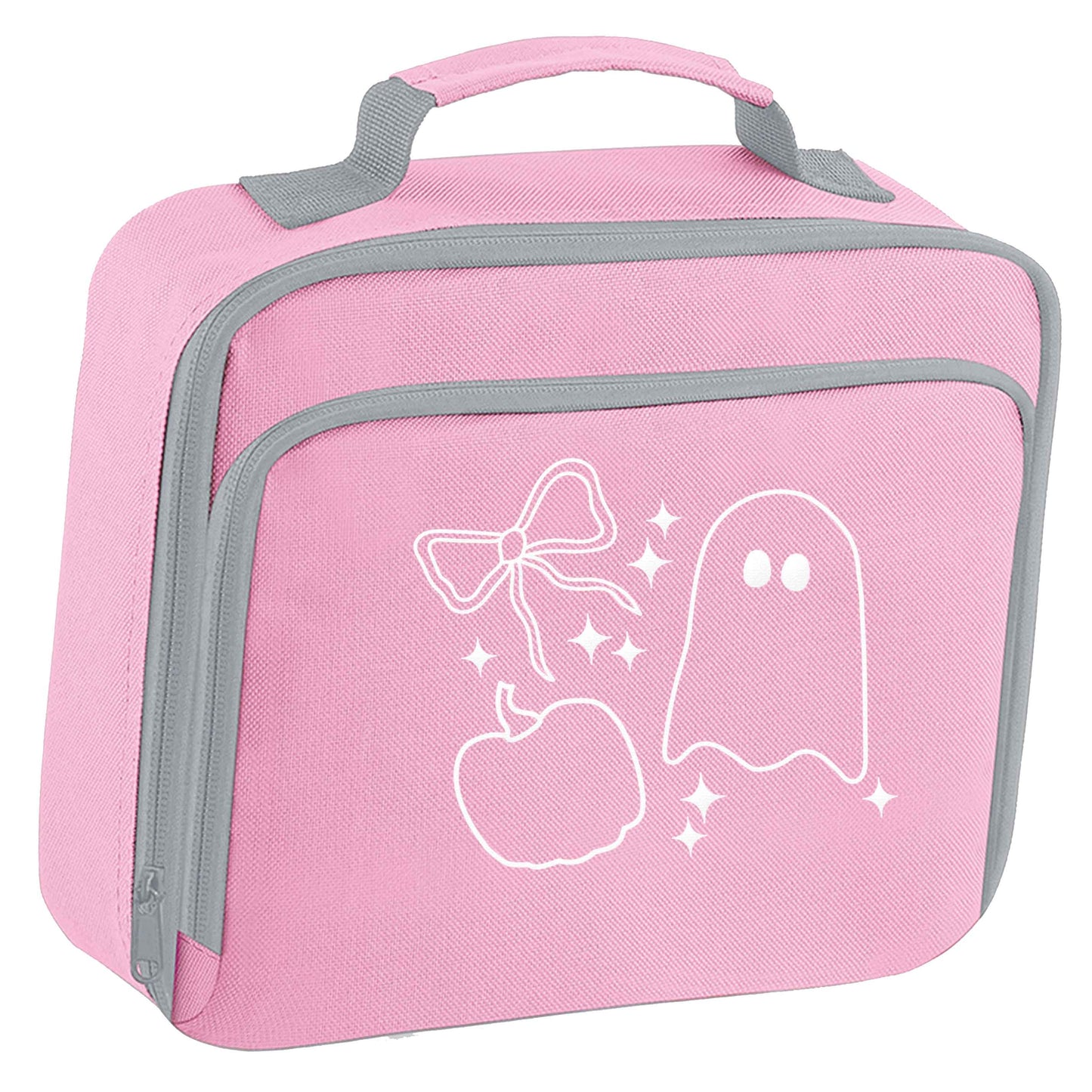 Ghost, bow and pumpkin illustration insulated pink lunch bag cooler