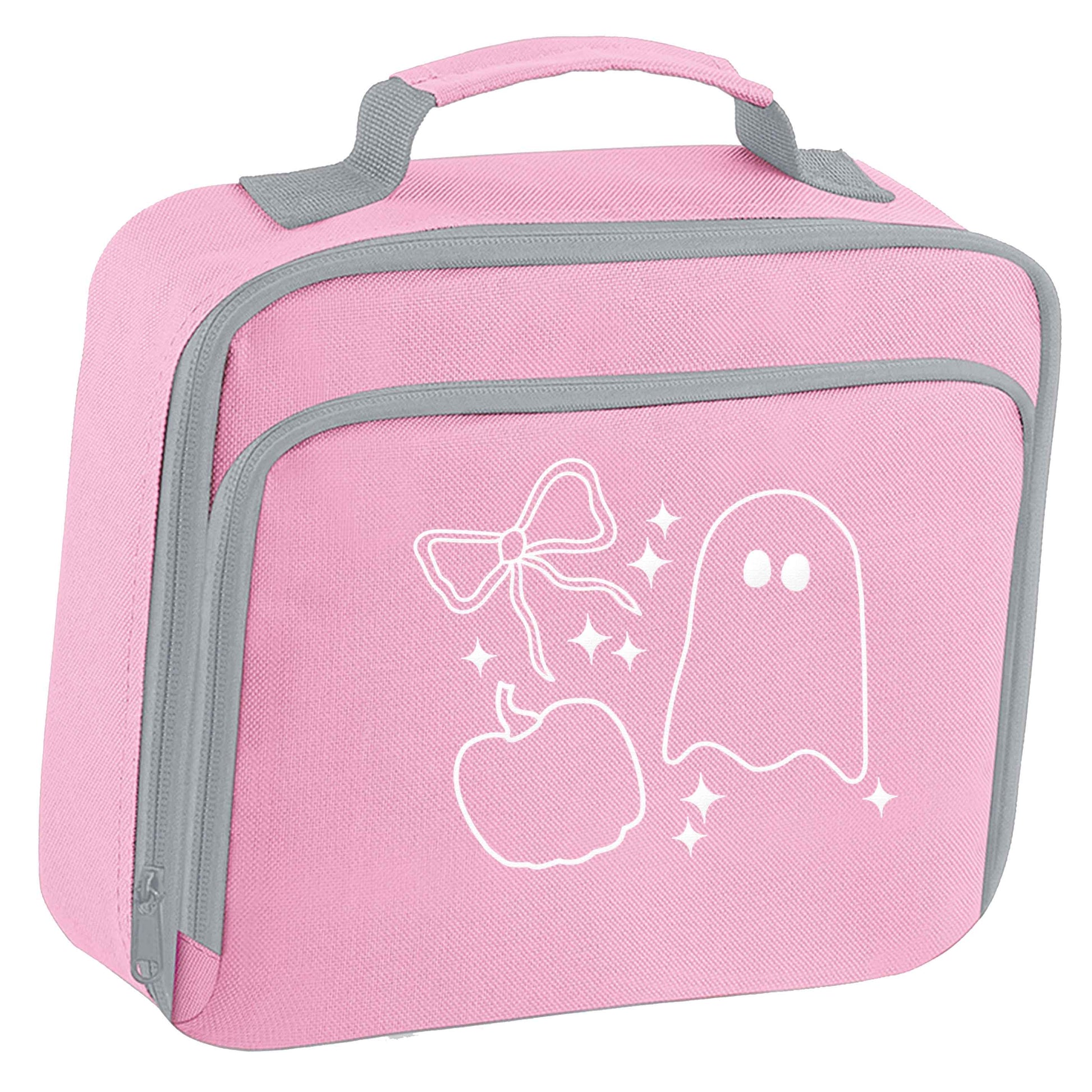 Ghost, bow and pumpkin illustration insulated pink lunch bag cooler