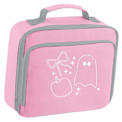 Ghost, bow and pumpkin illustration insulated pink lunch bag cooler