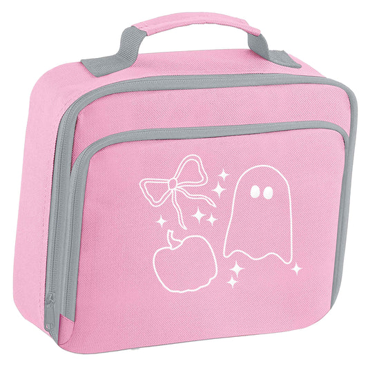 Ghost, bow and pumpkin illustration insulated pink lunch bag cooler
