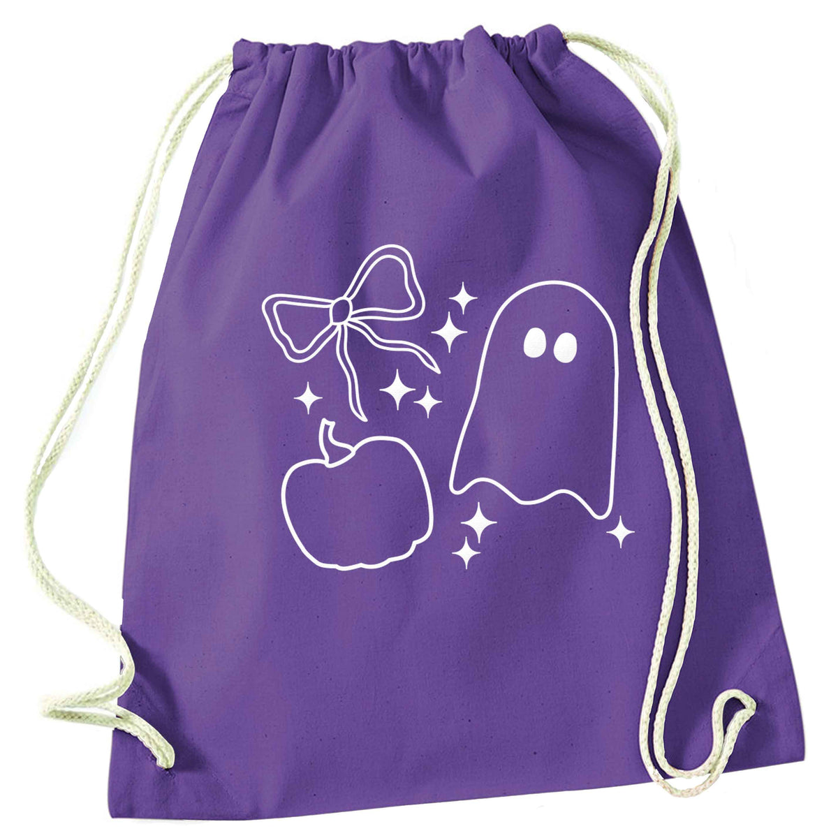 Ghost, bow and pumpkin illustration purple drawstring bag