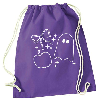 Ghost, bow and pumpkin illustration purple drawstring bag