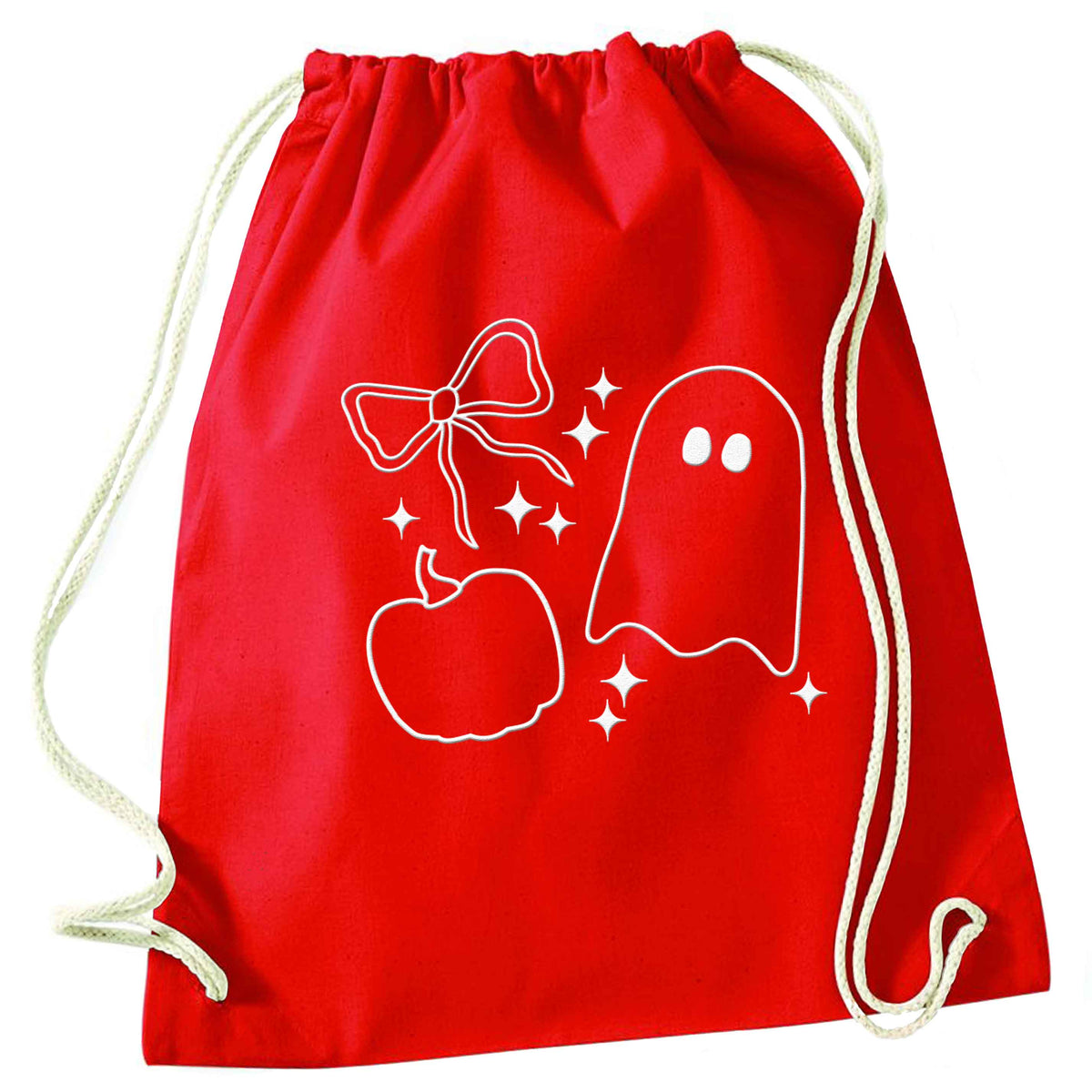 Ghost, bow and pumpkin illustration red drawstring bag 