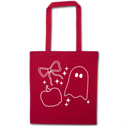 Ghost, bow and pumpkin illustration red tote bag
