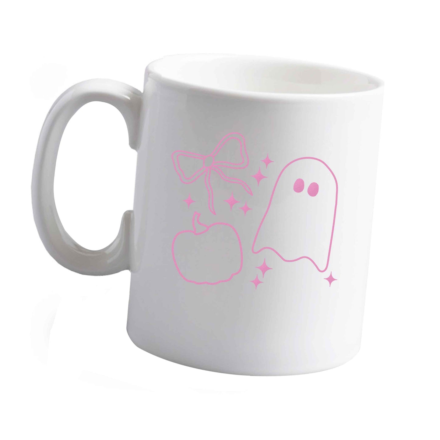 10 oz Ghost, bow and pumpkin illustration ceramic mug left sided