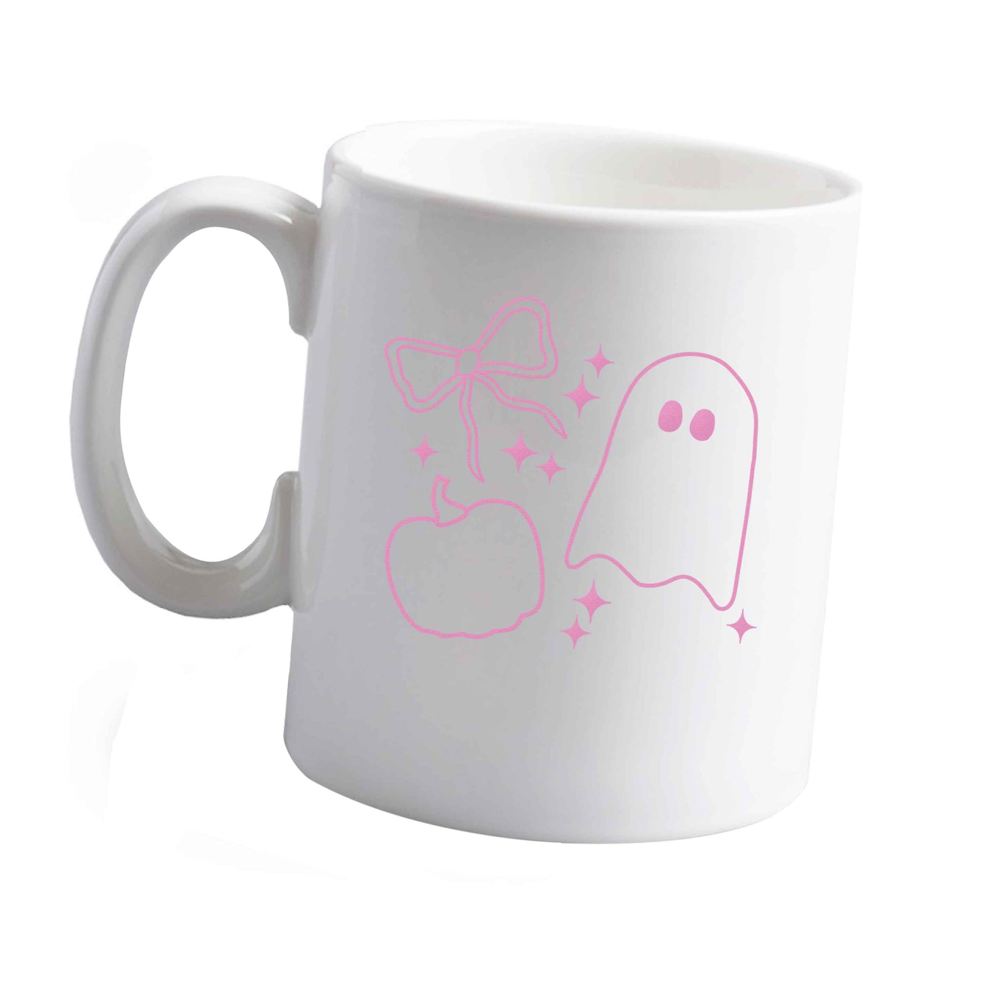 10 oz Ghost, bow and pumpkin illustration ceramic mug left sided