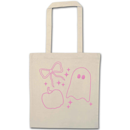 Ghost, bow and pumpkin illustration natural tote bag