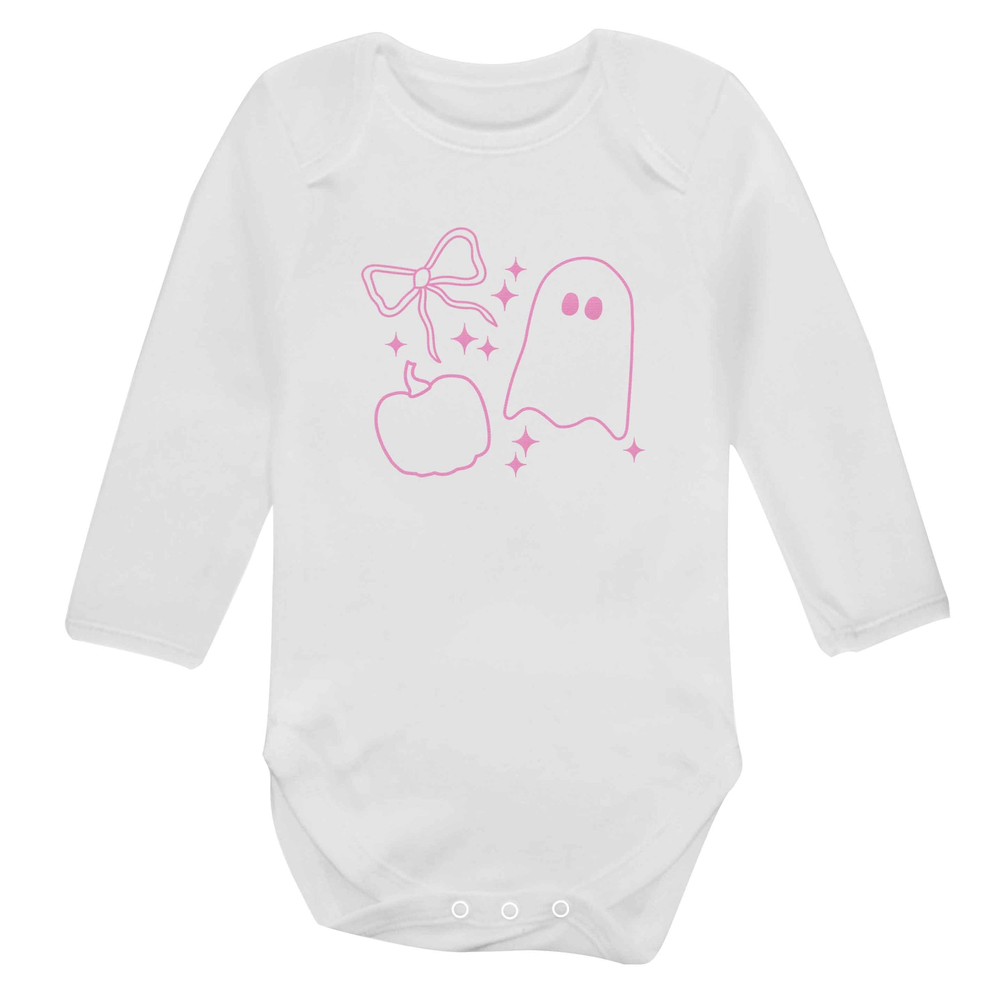 Ghost, bow and pumpkin illustration baby bodysuit long sleeved white 6-12 months
