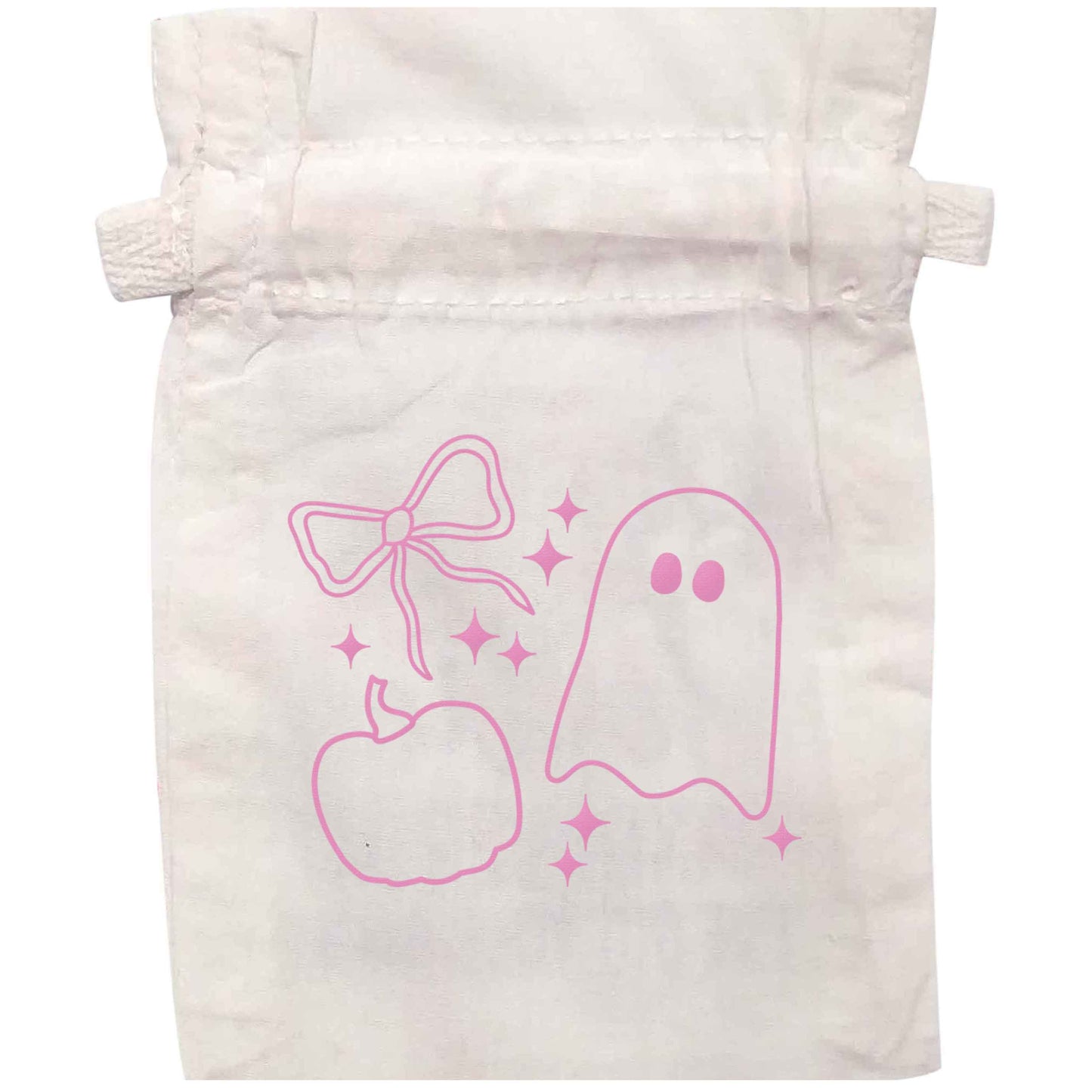 Ghost, bow and pumpkin illustration | XS - L | Pouch / Drawstring bag / Sack | Organic Cotton | Bulk discounts available!
