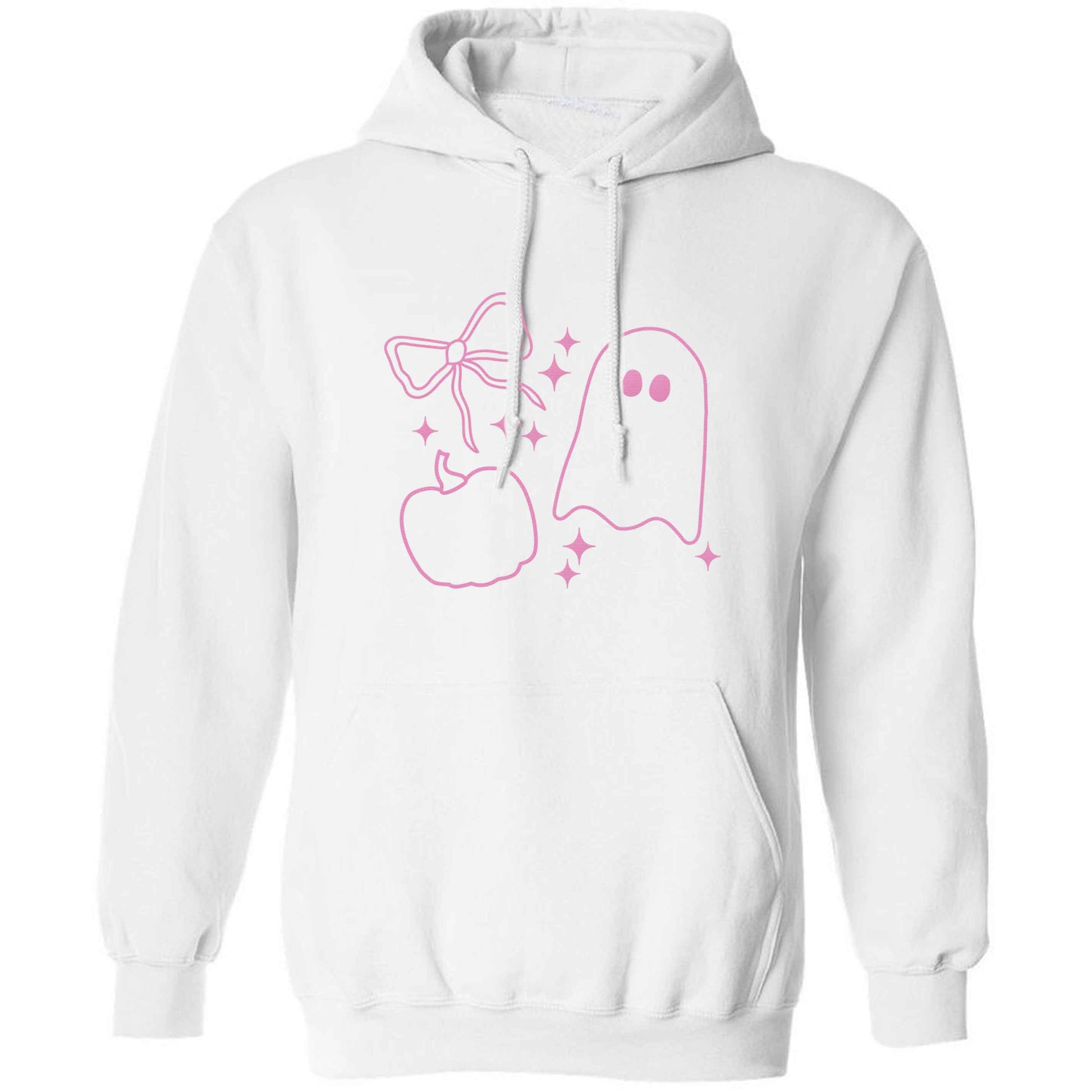 Ghost, bow and pumpkin illustration adults unisex white hoodie 2XL