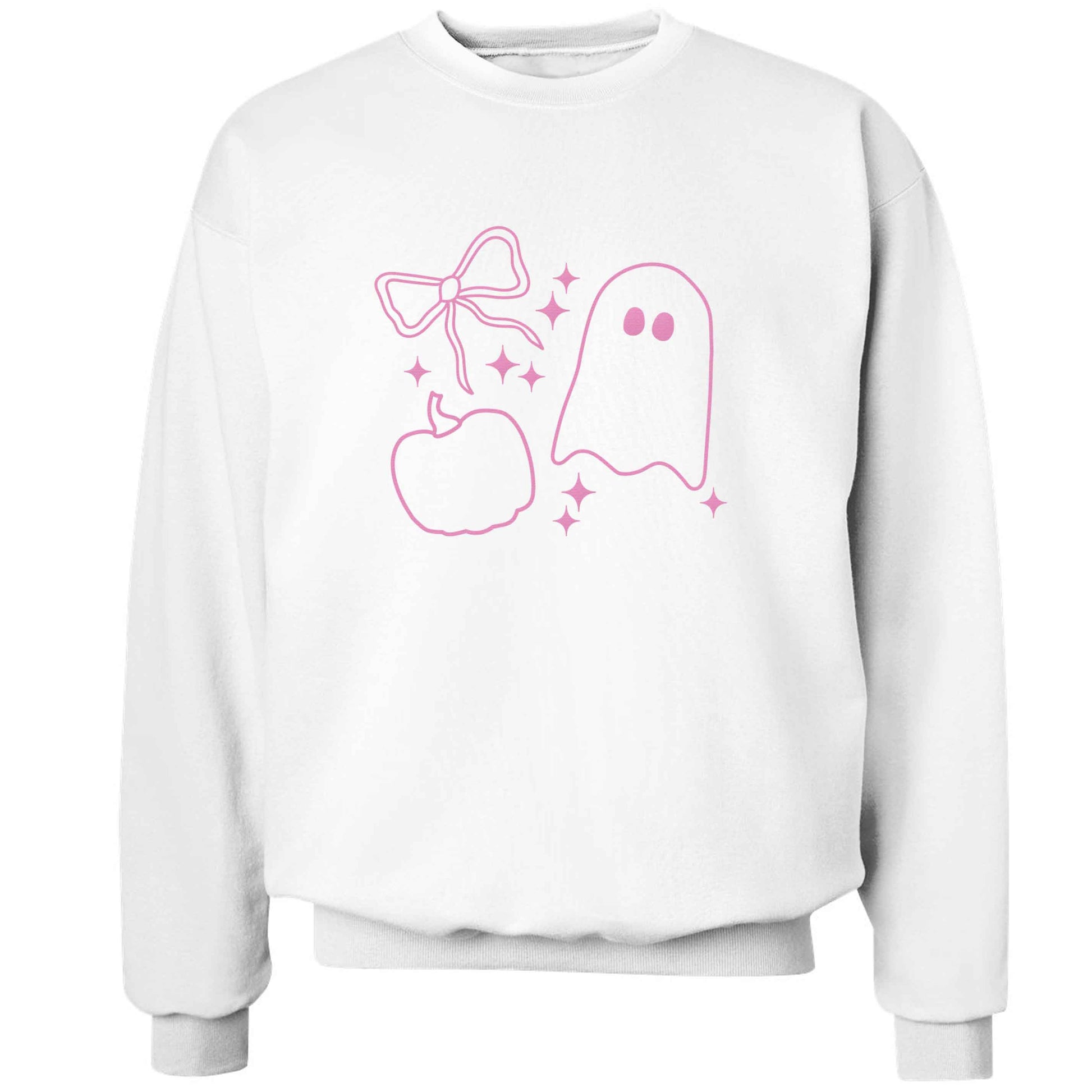 Ghost, bow and pumpkin illustration adult's unisex white sweater 2XL