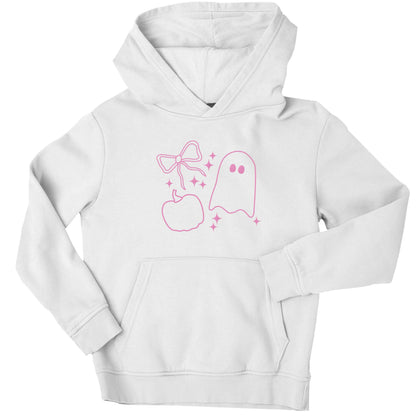 Ghost, bow and pumpkin illustration children's white hoodie 12-13 Years