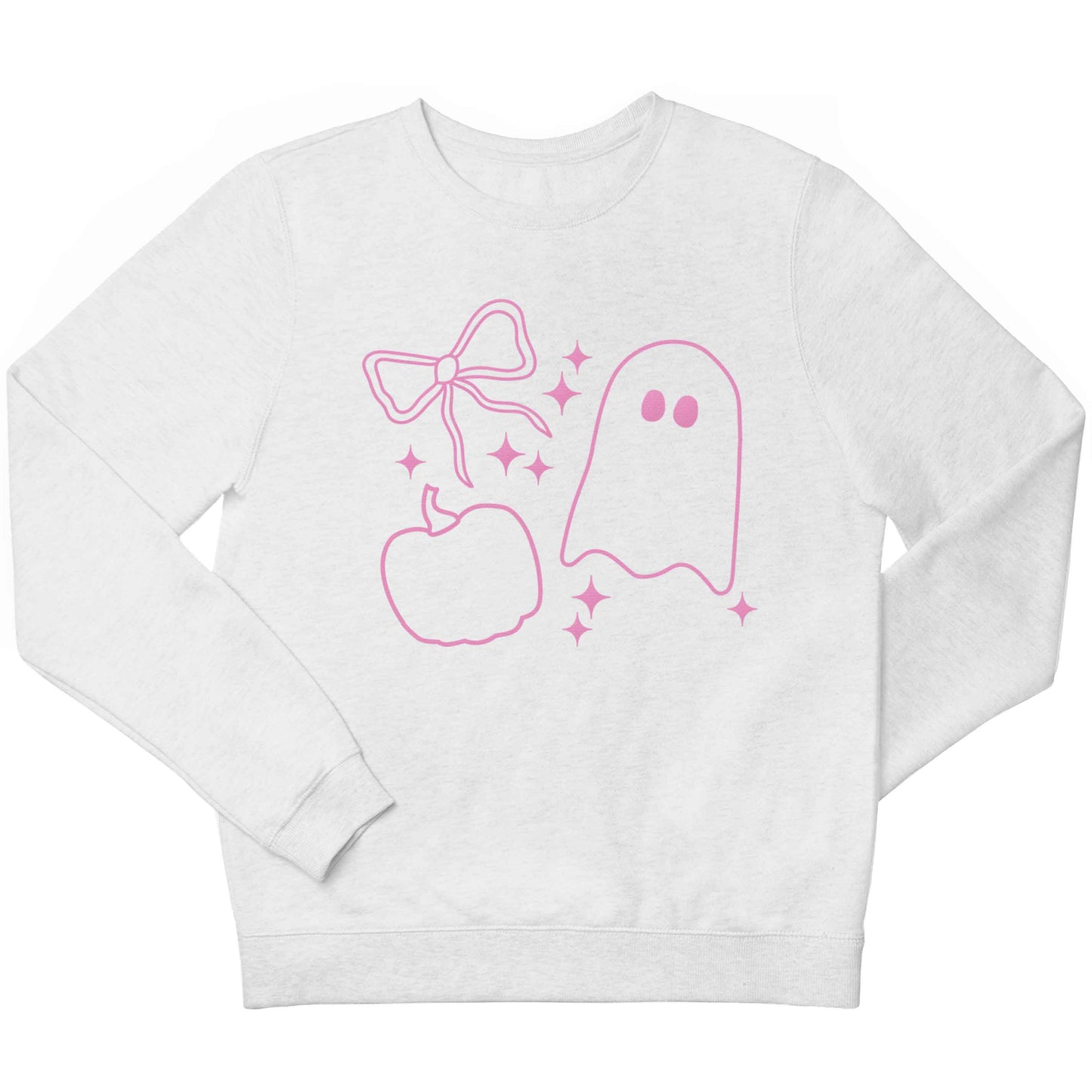 Ghost, bow and pumpkin illustration children's white sweater 12-13 Years