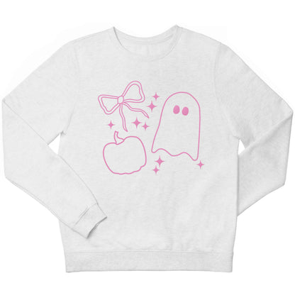 Ghost, bow and pumpkin illustration children's white sweater 12-13 Years