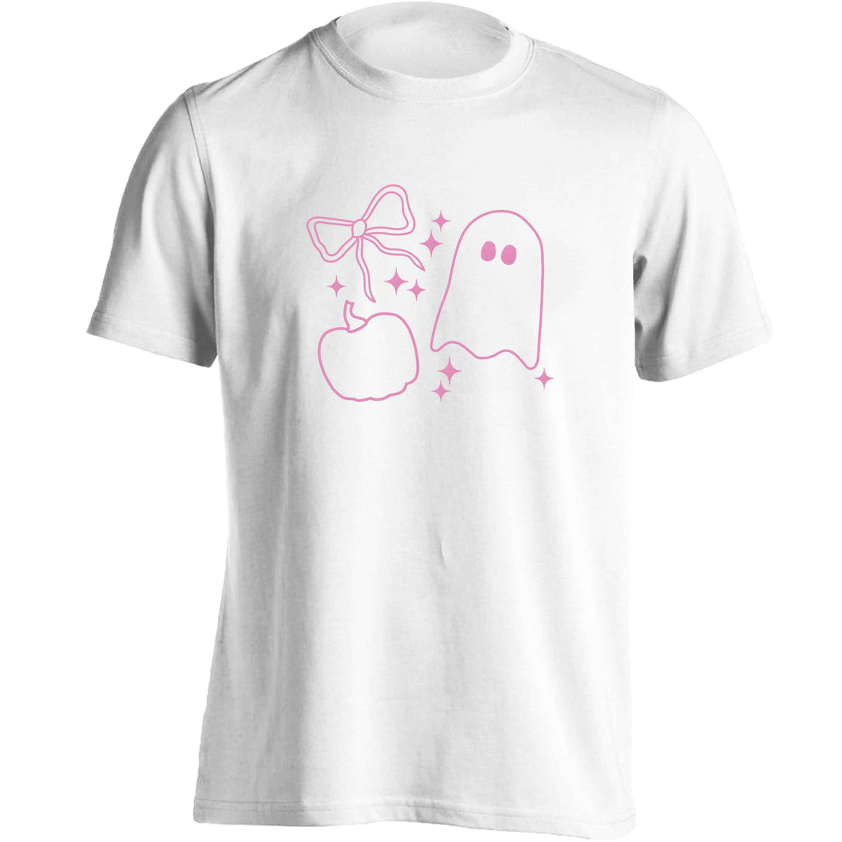 Ghost, bow and pumpkin illustration adults unisex white Tshirt 2XL