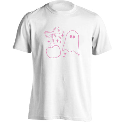 Ghost, bow and pumpkin illustration adults unisex white Tshirt 2XL