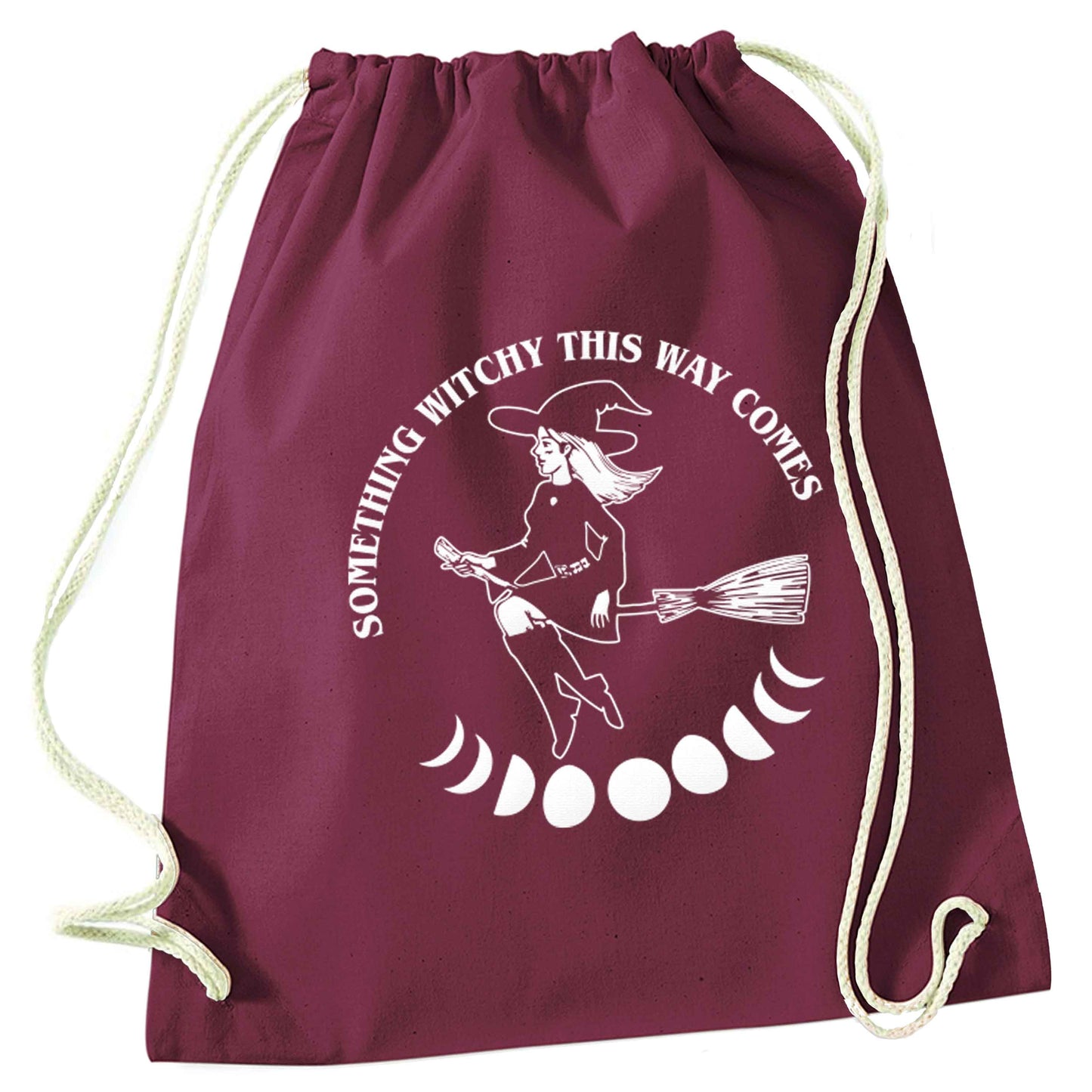 Feeling witchy? This design should hit the spot! maroon drawstring bag