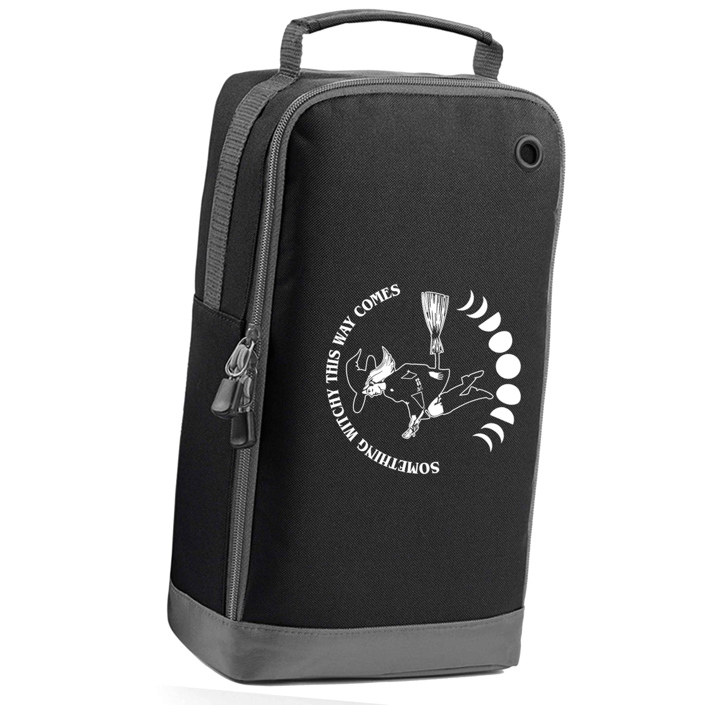 Feeling witchy? This design should hit the spot! black sports shoe bag horizontal print