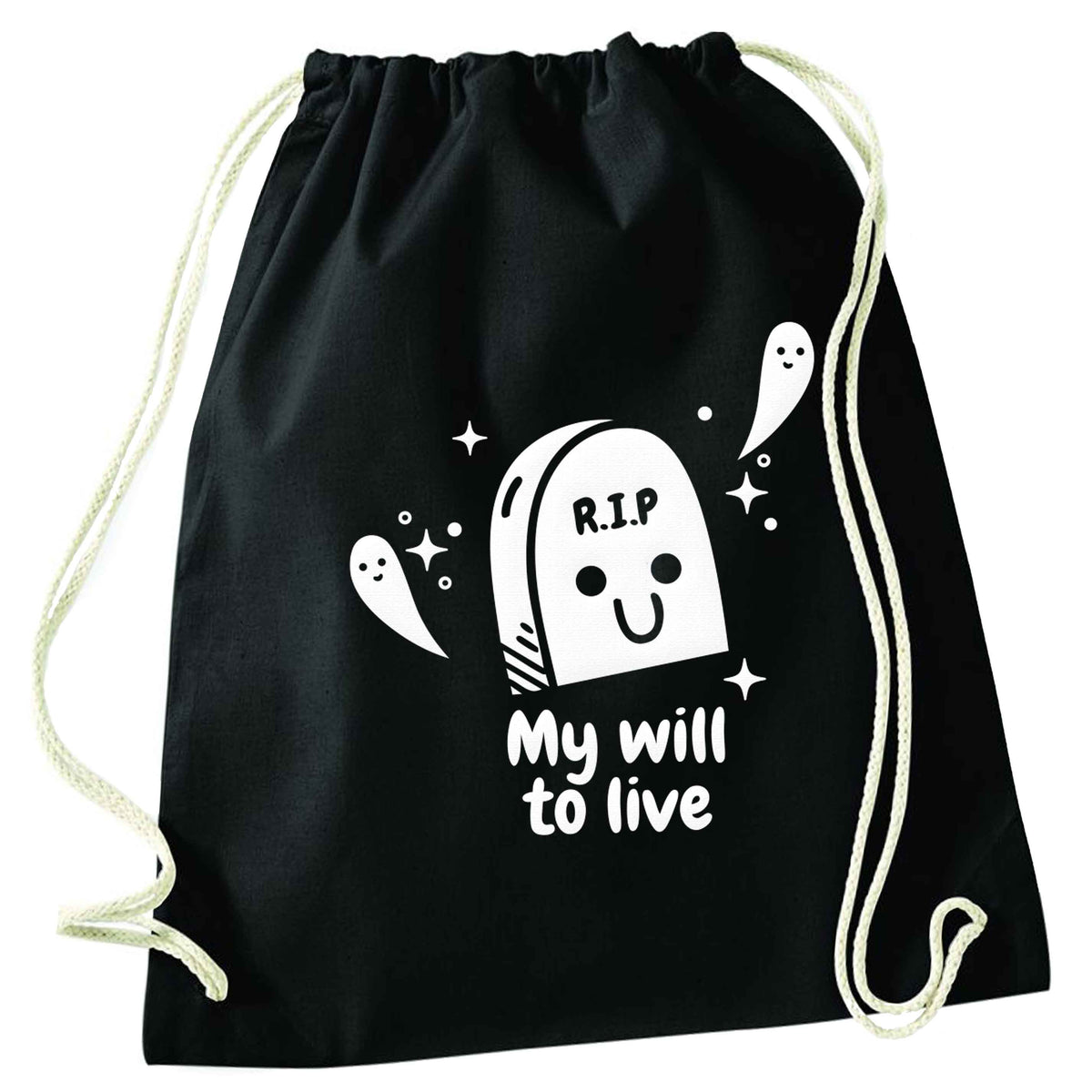 RIP My will to live black drawstring bag