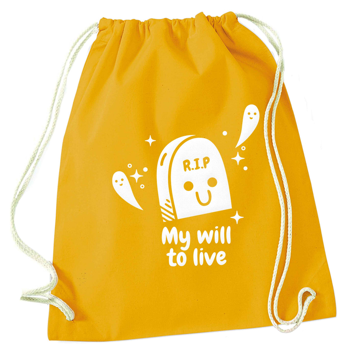 RIP My will to live mustard drawstring bag