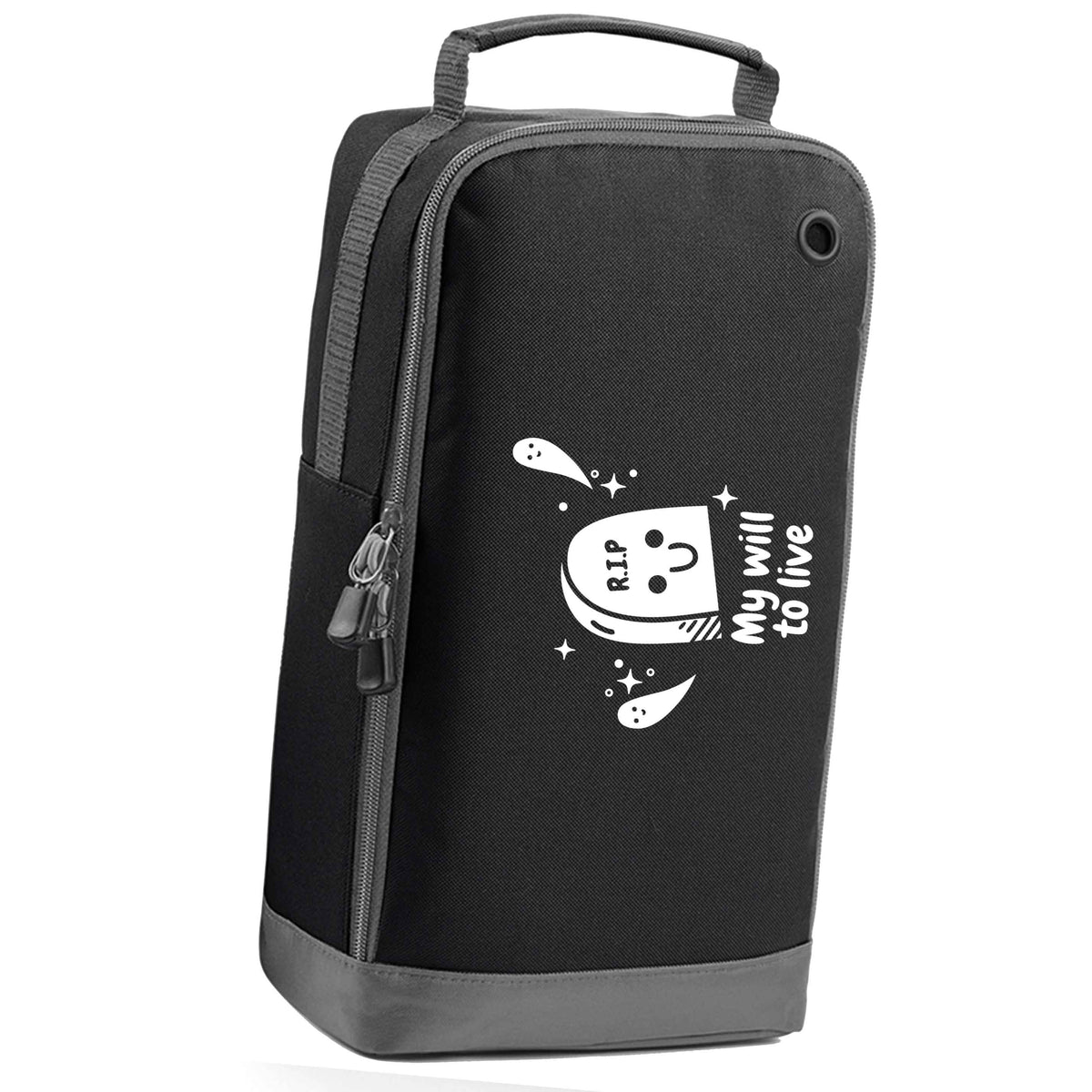 RIP My will to live black sports shoe bag horizontal print