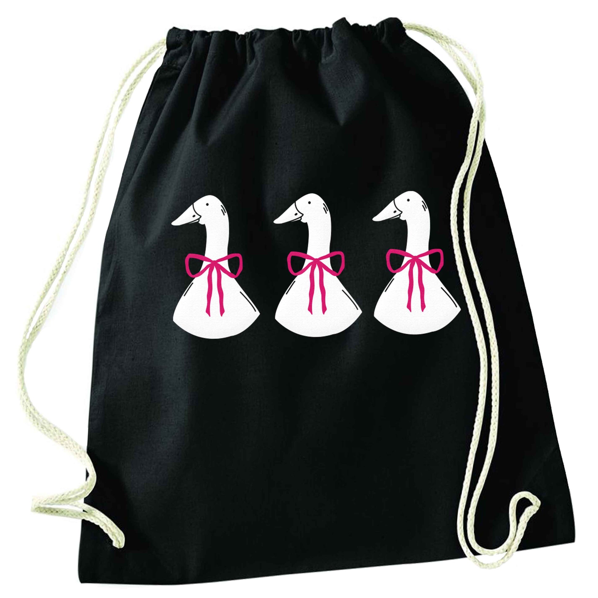 Three geese illustration black drawstring bag